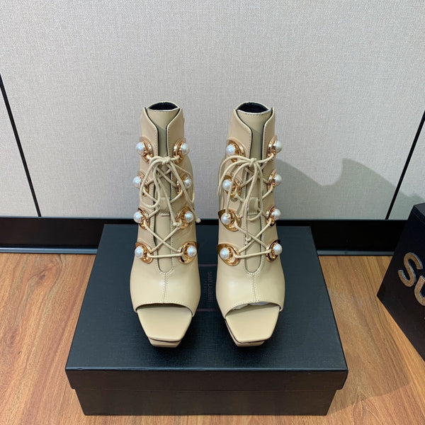 BM 26S Lace-Up Platform Booties 11.5cm Cream Leather 111368