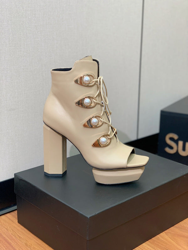 BM 26S Lace-Up Platform Booties 11.5cm Cream Leather 111368