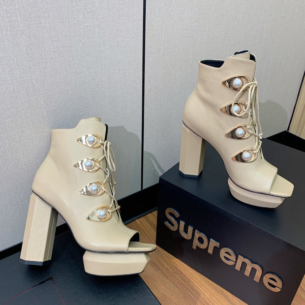 BM 26S Lace-Up Platform Booties 11.5cm Cream Leather 111368