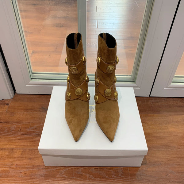 BM 26S Alma Ankle Boots 9.5cm Medallion Buttons Tan Suede Leather 111360