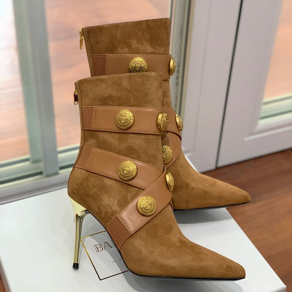 BM 26S Alma Ankle Boots 9.5cm Medallion Buttons Tan Suede Leather 111360