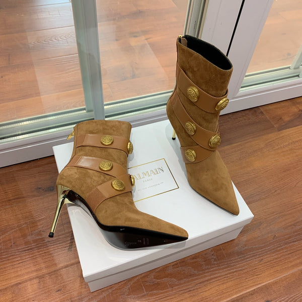BM 26S Alma Ankle Boots 9.5cm Medallion Buttons Tan Suede Leather 111360