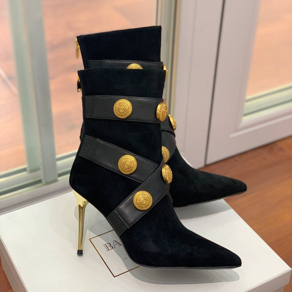 BM 26S Alma Ankle Boots 9.5cm Medallion Buttons Black Suede Leather 111359