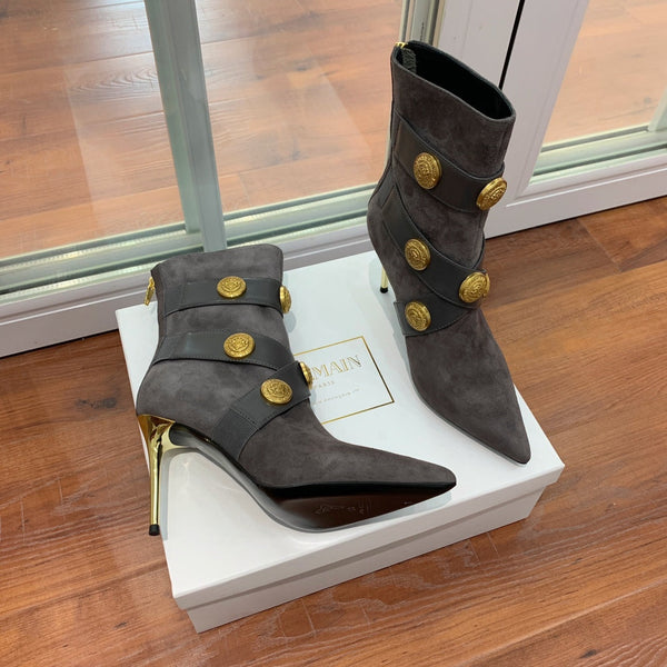 BM 26S Alma Ankle Boots 9.5cm Medallion Buttons Dark Grey Suede Leather 111358