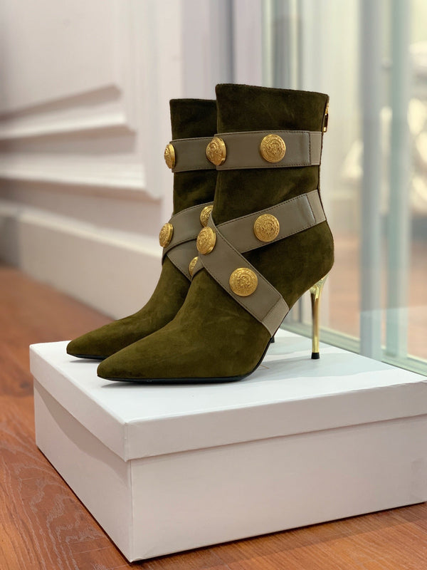 BM 26S Alma Ankle Boots 9.5cm Medallion Buttons Dark Olive Green Suede Leather 111357