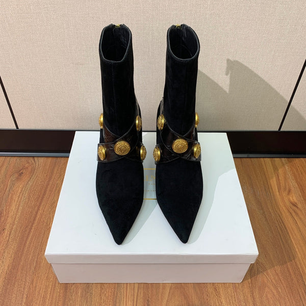 BM 26S Pointed-Toe Boots 10.5cm Gold Logo Buttons Black Suede & Embossed Leather 111354
