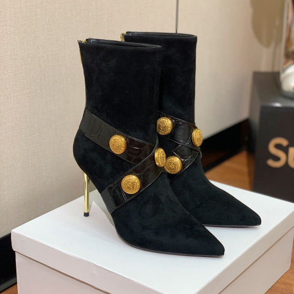 BM 26S Pointed-Toe Boots 10.5cm Gold Logo Buttons Black Suede & Embossed Leather 111354