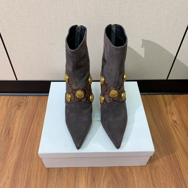 BM 26S Pointed-Toe Boots 10.5cm Gold Logo Buttons Dark Grey Suede & Embossed Leather 111353