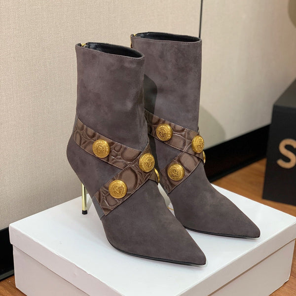 BM 26S Pointed-Toe Boots 10.5cm Gold Logo Buttons Dark Grey Suede & Embossed Leather 111353