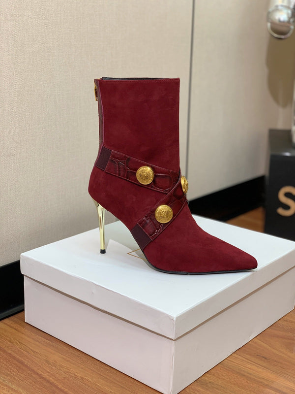 BM 26S Pointed-Toe Boots 10.5cm Gold Logo Buttons Burgundy Suede & Embossed Leather 111352