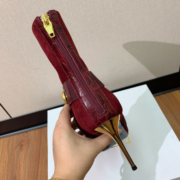 BM 26S Pointed-Toe Boots 10.5cm Gold Logo Buttons Burgundy Suede & Embossed Leather 111352