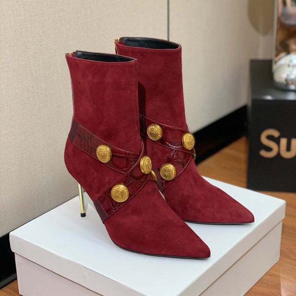 BM 26S Pointed-Toe Boots 10.5cm Gold Logo Buttons Burgundy Suede & Embossed Leather 111352