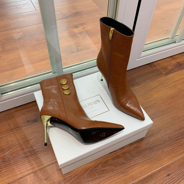 BM 26S Roni Ankle Boots 10.5cm Gold Buttons Brown Leather 111335