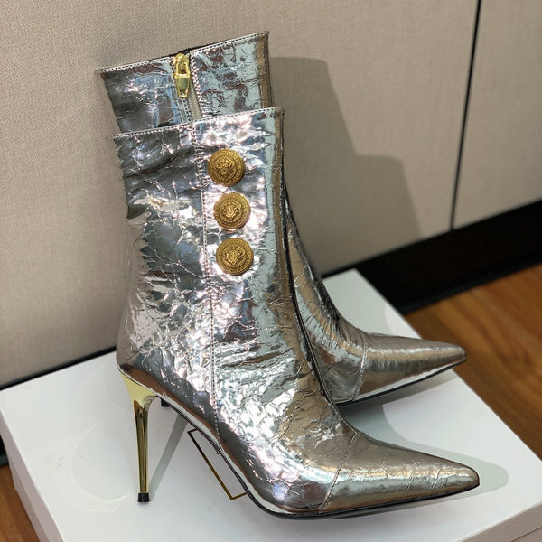 BM 26S Roni Ankle Boots 10.5cm Gold Buttons Silver Metallic Leather 111333