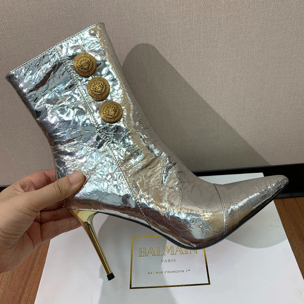 BM 26S Roni Ankle Boots 10.5cm Gold Buttons Silver Metallic Leather 111333