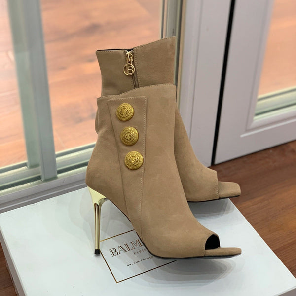 BM 26S Open-Toe Ankle Boots 9.5cm Gold Buttons Stiletto Khaki Suede 111325