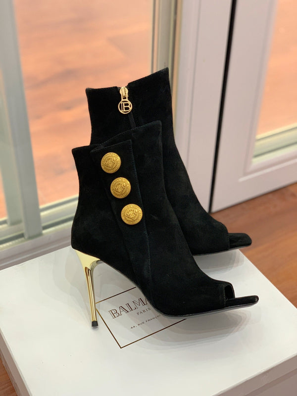 BM 26S Open-Toe Ankle Boots 9.5cm Gold Buttons Stiletto Black Suede 111324