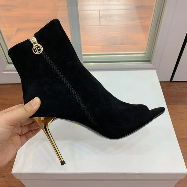 BM 26S Open-Toe Ankle Boots 9.5cm Gold Buttons Stiletto Black Suede 111324