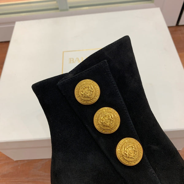 BM 26S Open-Toe Ankle Boots 9.5cm Gold Buttons Stiletto Black Suede 111324
