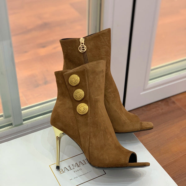 BM 26S Open-Toe Ankle Boots 9.5cm Gold Buttons Stiletto Brown Suede 111323