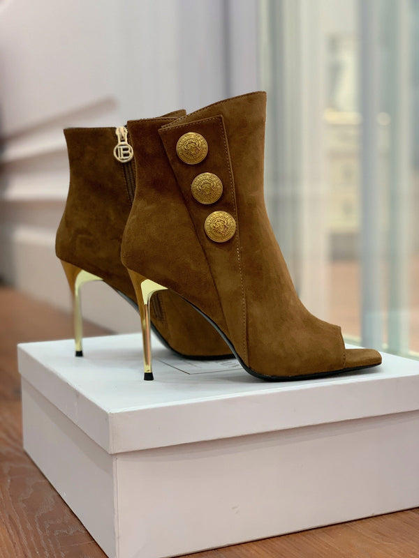 BM 26S Open-Toe Ankle Boots 9.5cm Gold Buttons Stiletto Brown Suede 111323