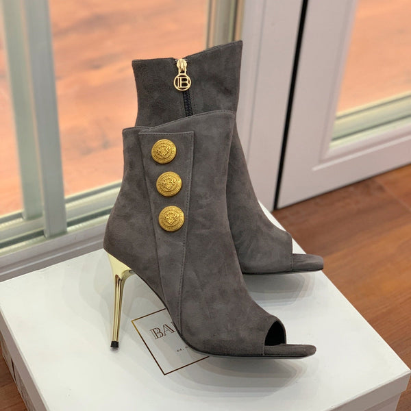 BM 26S Open-Toe Ankle Boots 9.5cm Gold Buttons Stiletto Dark Grey Suede 111322