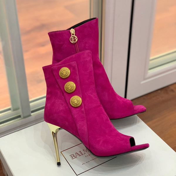 BM 26S Open-Toe Ankle Boots 9.5cm Gold Buttons Stiletto Hot Pink Suede 111321