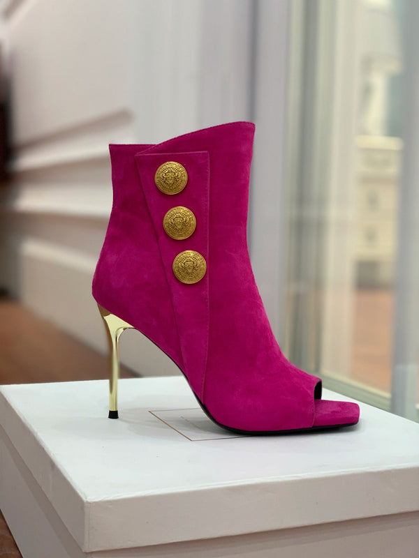 BM 26S Open-Toe Ankle Boots 9.5cm Gold Buttons Stiletto Hot Pink Suede 111321