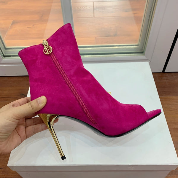 BM 26S Open-Toe Ankle Boots 9.5cm Gold Buttons Stiletto Hot Pink Suede 111321