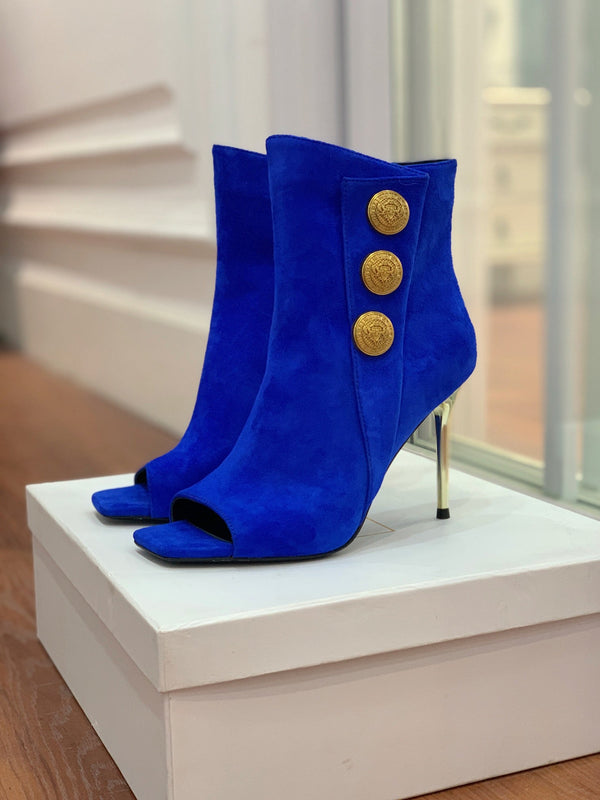BM 26S Open-Toe Ankle Boots 9.5cm Gold Buttons Stiletto Dark Blue Suede 111320