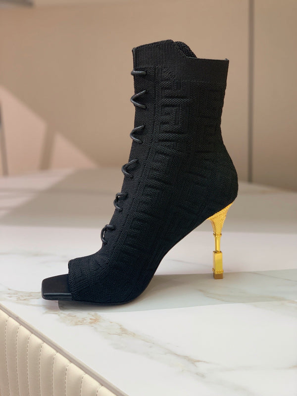 BM 26S Moneta Monogram Lace-Up Boots Peep-Toe Black Knit 111315
