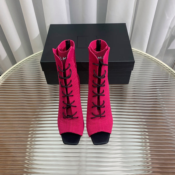 BM 26S Moneta Monogram Lace-Up Boots Peep-Toe Hot Pink Knit 111313