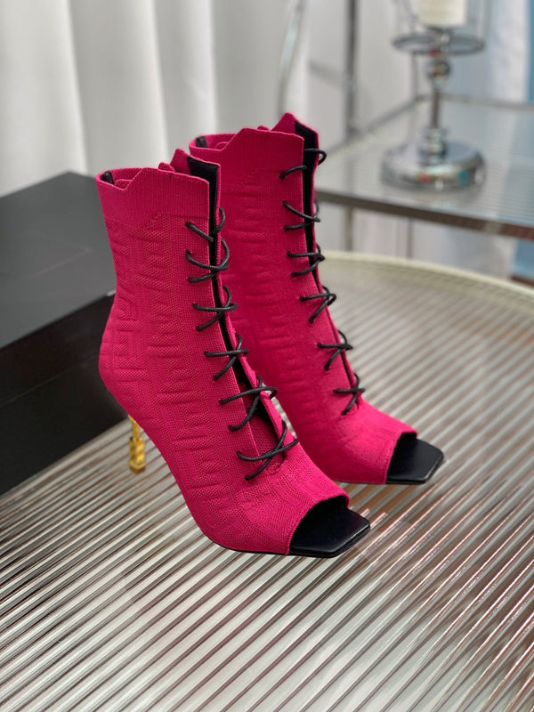 BM 26S Moneta Monogram Lace-Up Boots Peep-Toe Hot Pink Knit 111313