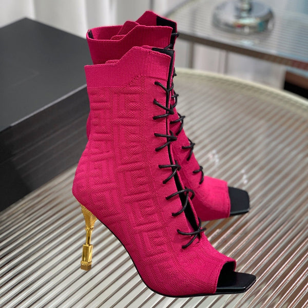 BM 26S Moneta Monogram Lace-Up Boots Peep-Toe Hot Pink Knit 111313