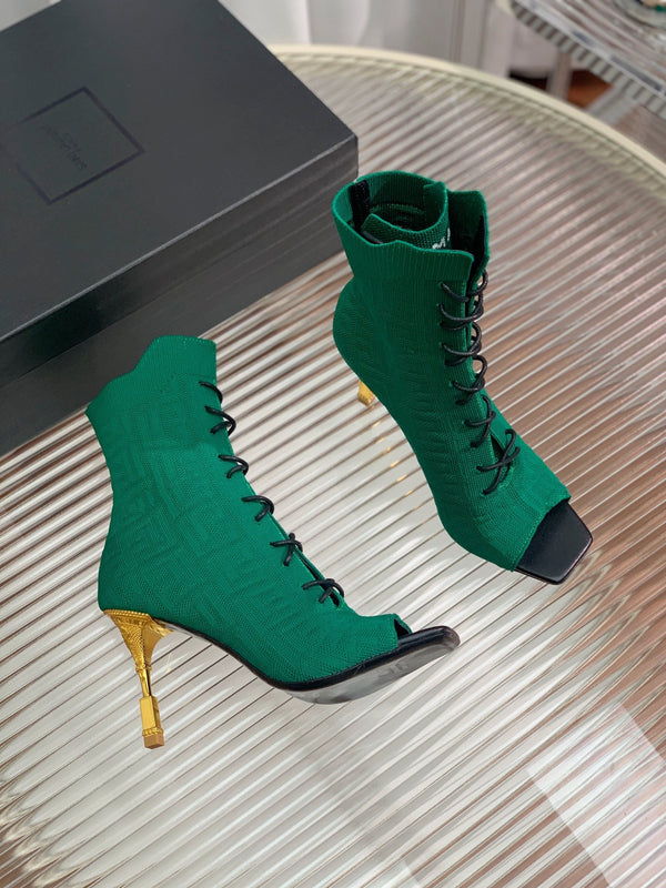 BM 26S Moneta Monogram Lace-Up Boots Peep-Toe Dark Green Knit 111311