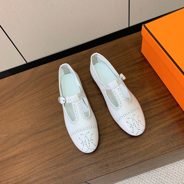 HM Nectar Ballet Flats H Lift Perforations T-Strap White Leather 111178