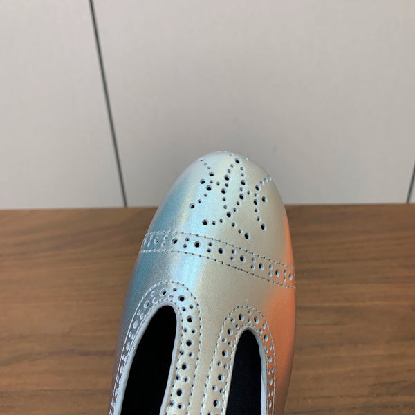 HM Nectar Ballet Flats H Lift Perforations T-Strap Silver Leather 111176