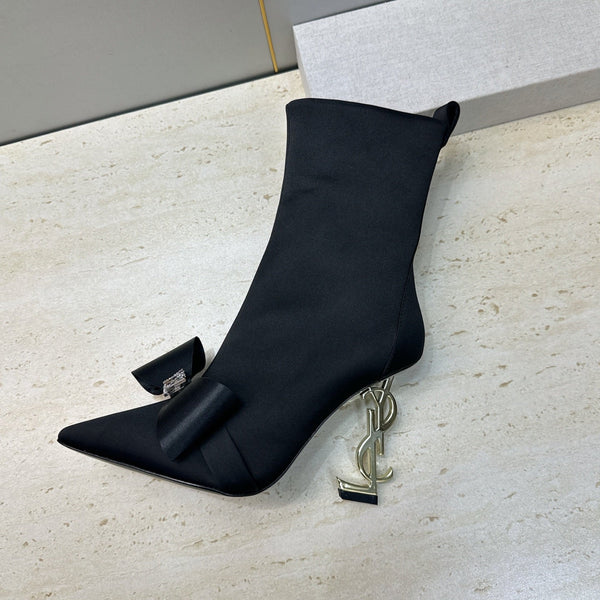 YSL 26S Bow Ankle Boots Pointed-Toe 10.5cm Black Satin 118794