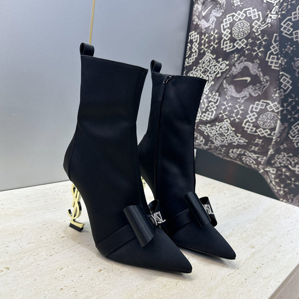 YSL 26S Bow Ankle Boots Pointed-Toe 10.5cm Black Satin 118794