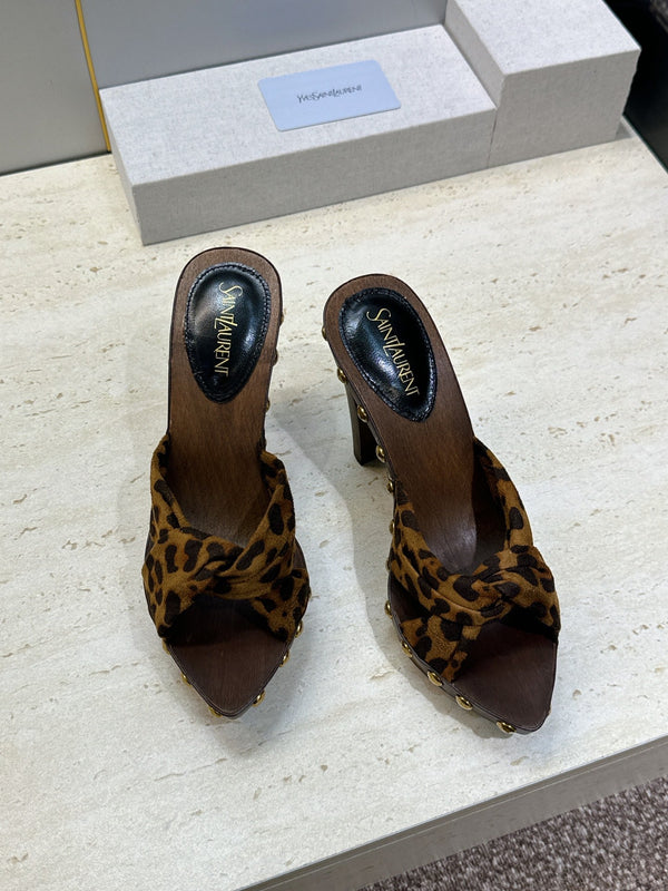 YSL 26S Platform Mules 9cm Knotted Strap Gold Studs Leopard Print Suede 118790