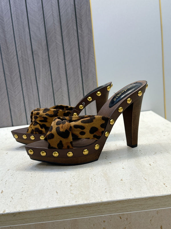 YSL 26S Platform Mules 9cm Knotted Strap Gold Studs Leopard Print Suede 118790