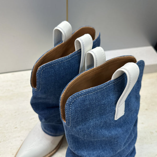 TR 26S Western Cowboy Boots 7cm White Blue Leather Denim 118533