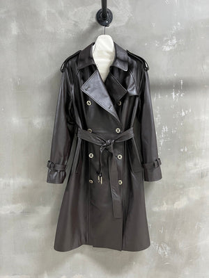 CC Double-breasted Trench Coat With Belt Dark Brown Calfskin