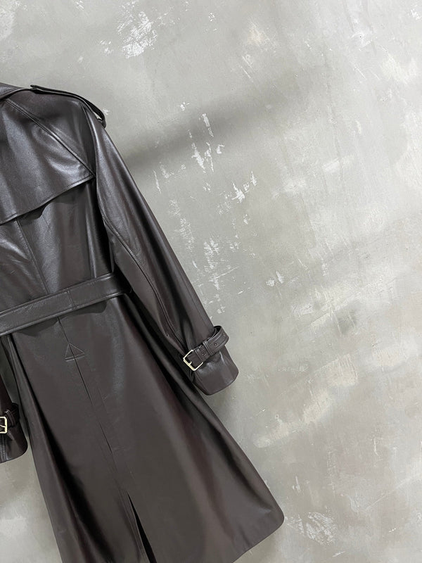 CC Double-breasted Trench Coat With Belt Dark Brown Calfskin