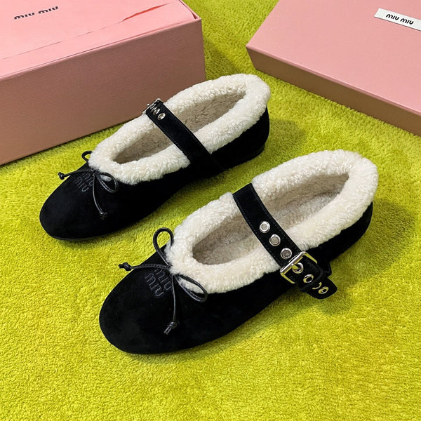 Miu Shearling Trim Mary Jane Flats Bow Detail Black Suede 137209