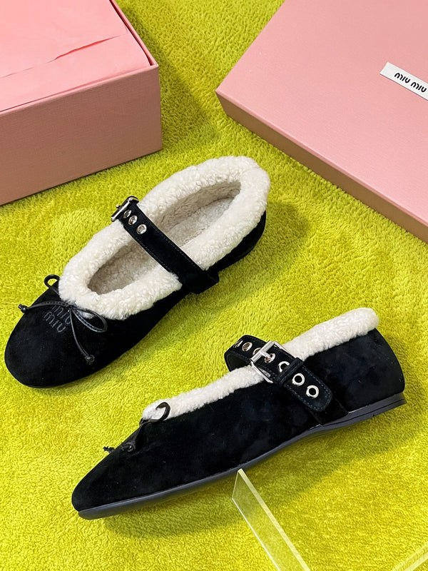 Miu Shearling Trim Mary Jane Flats Bow Detail Black Suede 137209