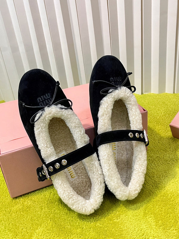 Miu Shearling Trim Mary Jane Flats Bow Detail Black Suede 137209