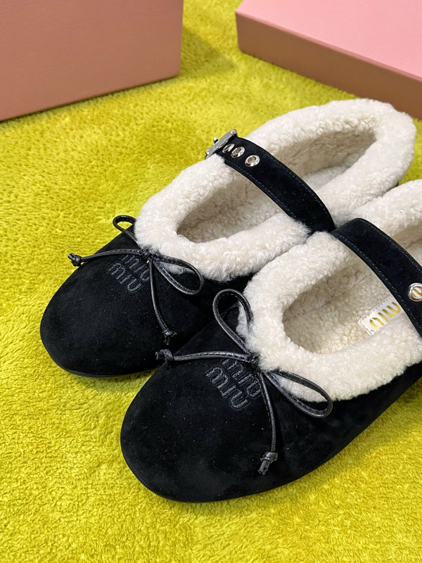 Miu Shearling Trim Mary Jane Flats Bow Detail Black Suede 137209