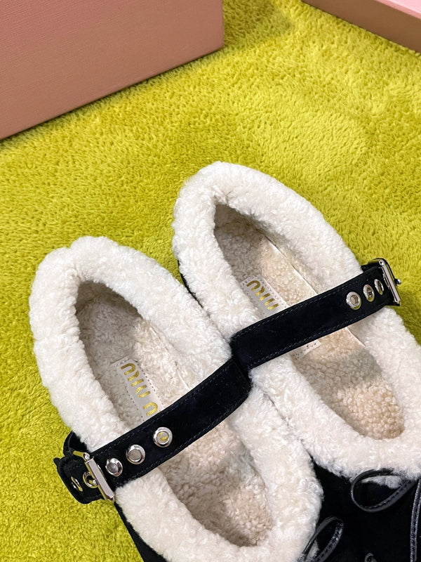 Miu Shearling Trim Mary Jane Flats Bow Detail Black Suede 137209
