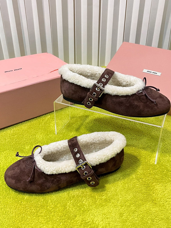 Miu Shearling Trim Mary Jane Flats Bow Detail Brown Suede 137208